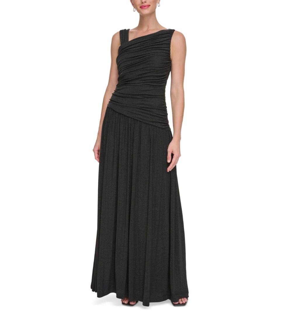 DKNY Black Evening Gown Metallic Sleeveless Ruched A-Line Formal Dress Size 10